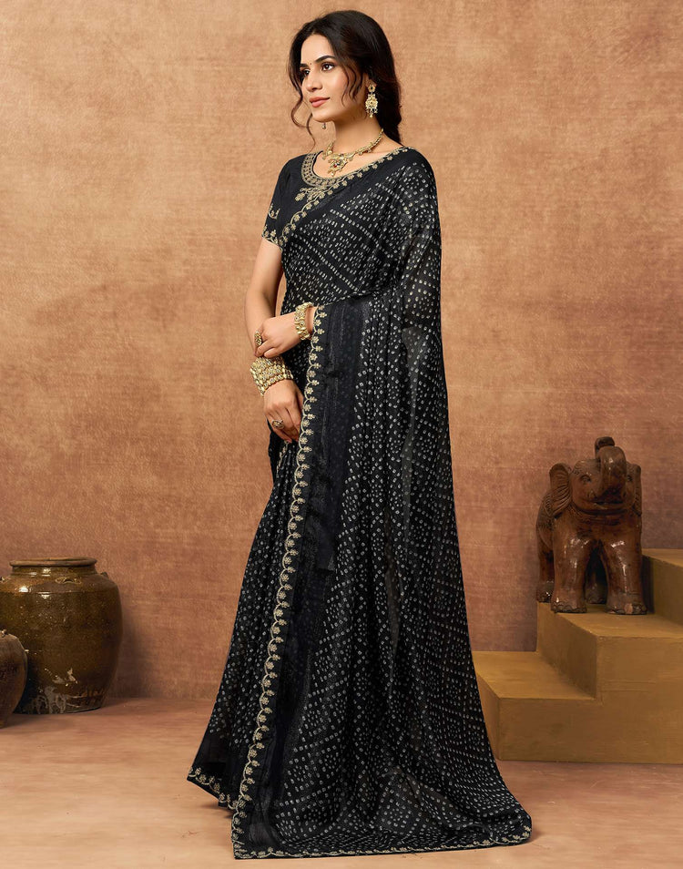 Black Chiffon Bandhani Printed Lace Saree