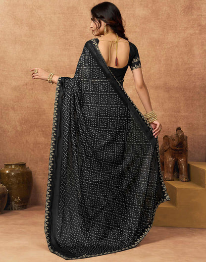 Black Chiffon Bandhani Printed Lace Saree