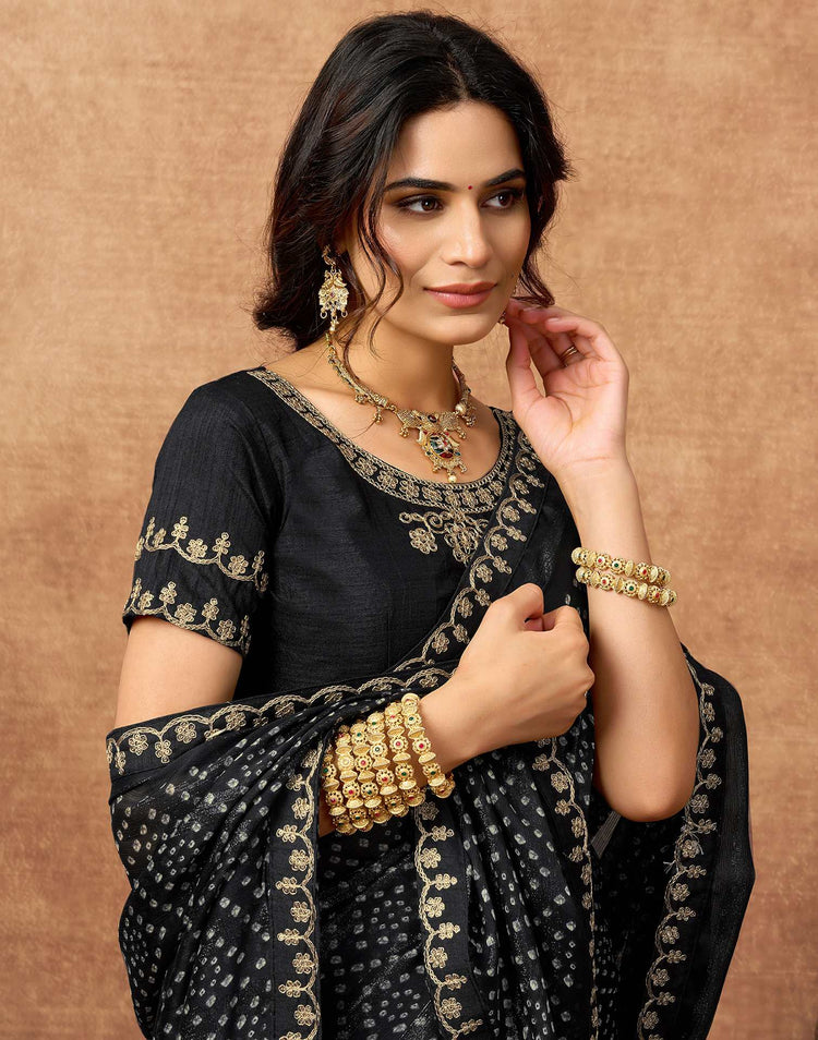 Black Chiffon Bandhani Printed Lace Saree