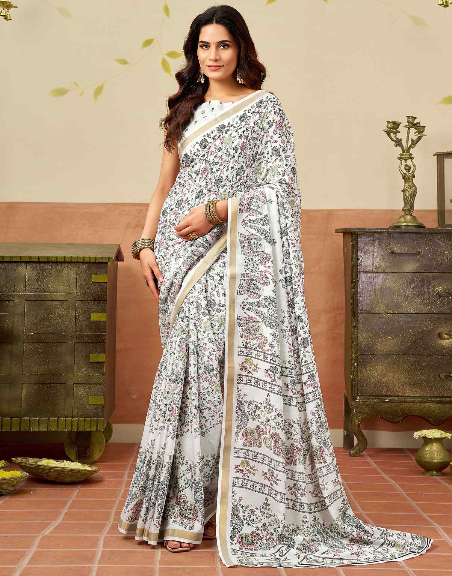 White Silk Printed Saree
