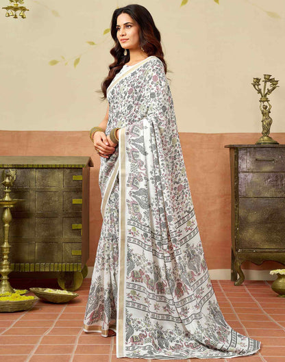 White Silk Printed Saree