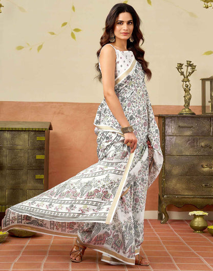 White Silk Printed Saree