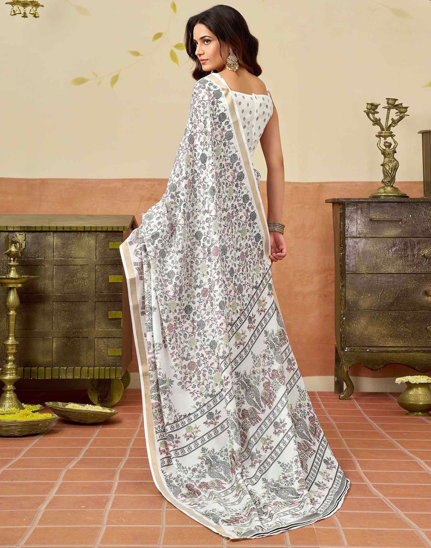 White Silk Printed Saree