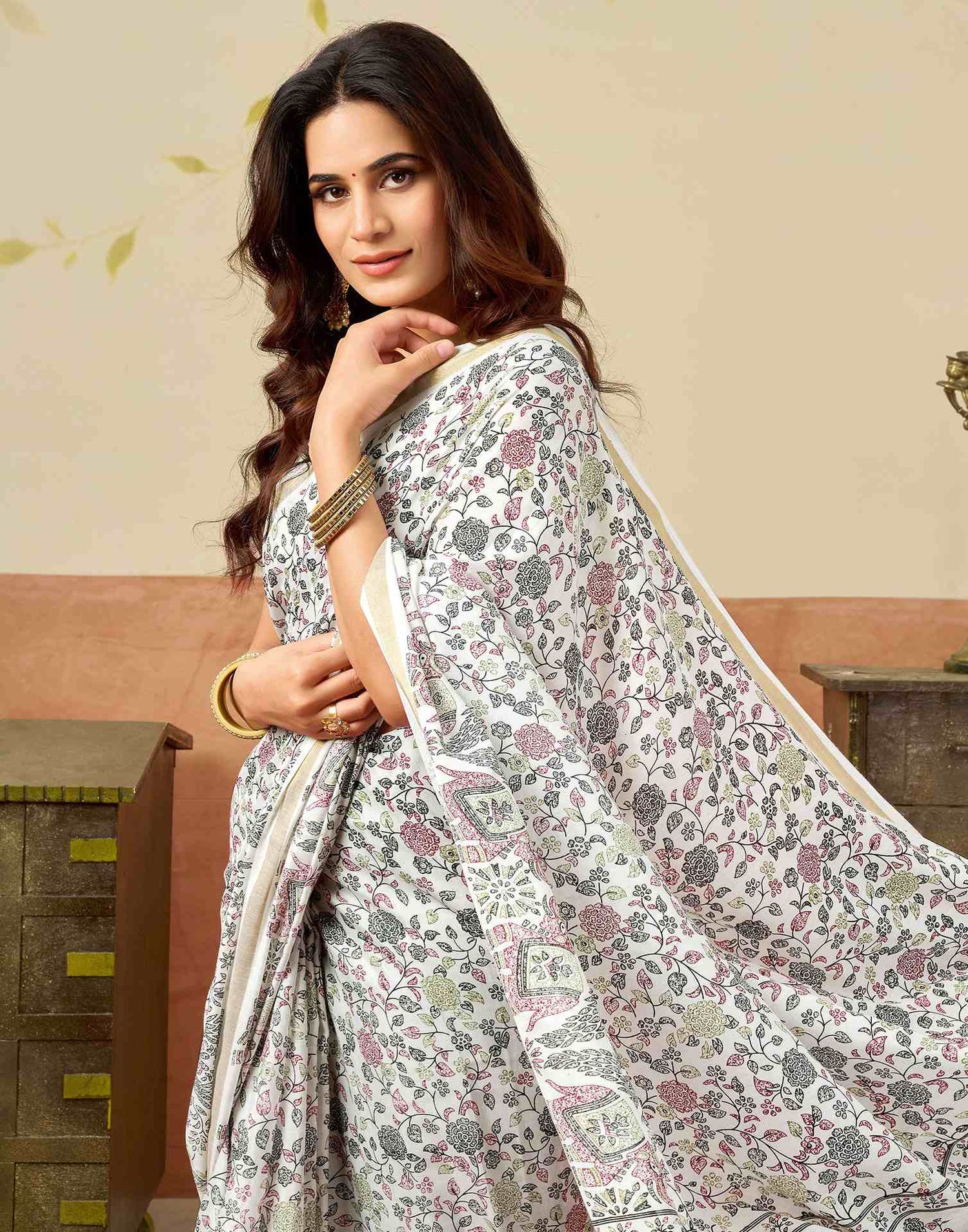 White Silk Printed Saree
