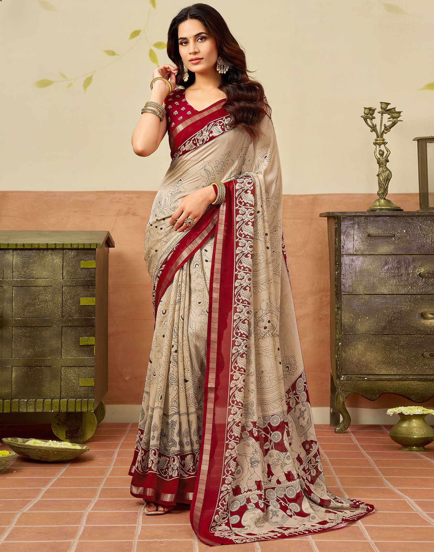 Beige Georgette Printed Saree