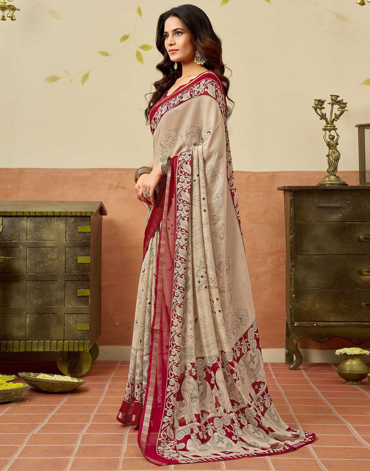 Beige Georgette Printed Saree