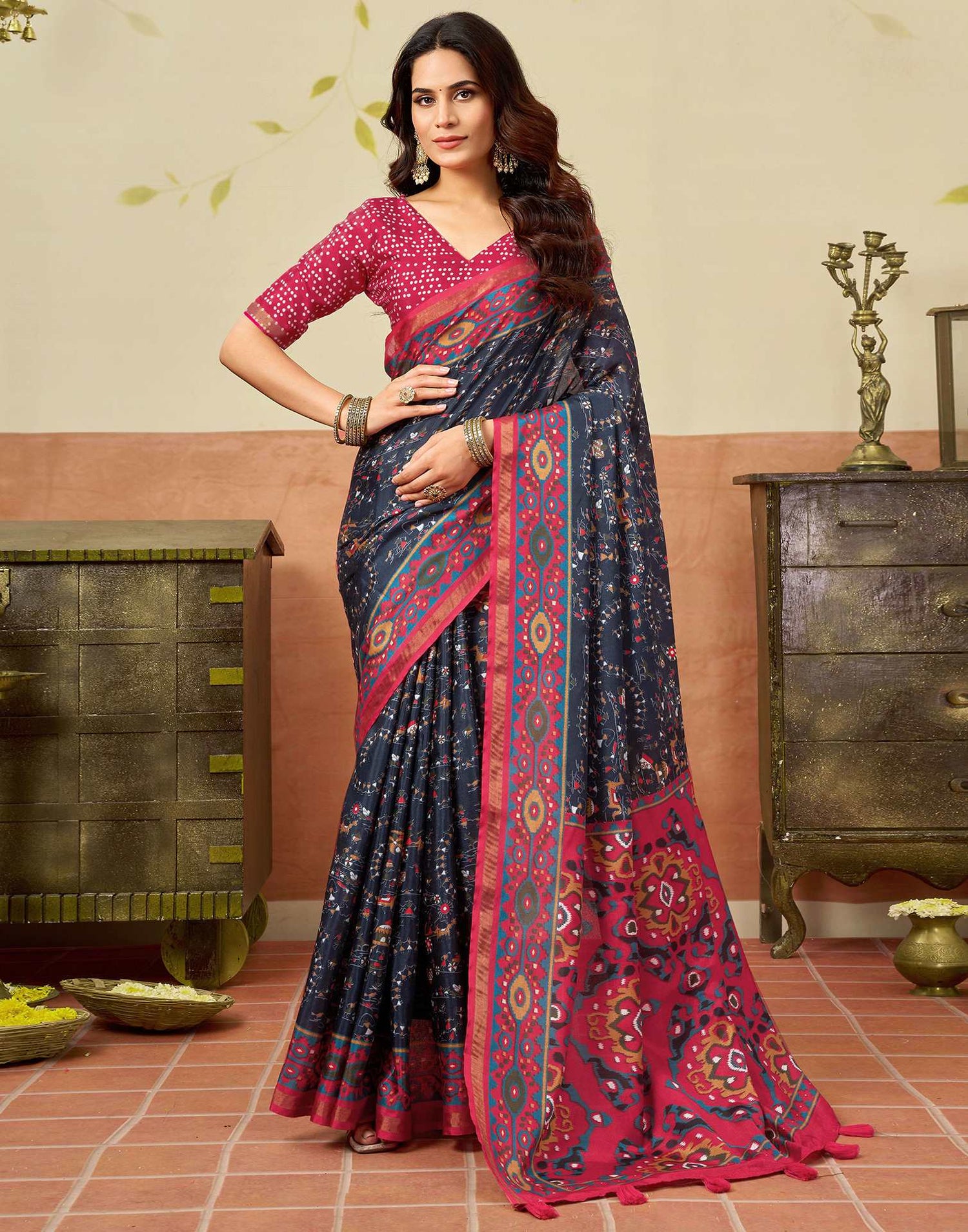 Navy Blue Silk Warli Printed Saree