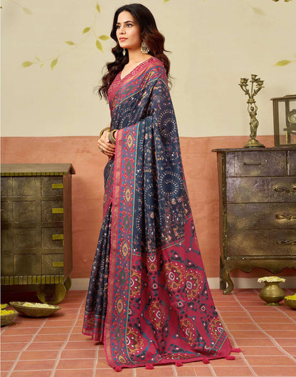 Navy Blue Silk Warli Printed Saree