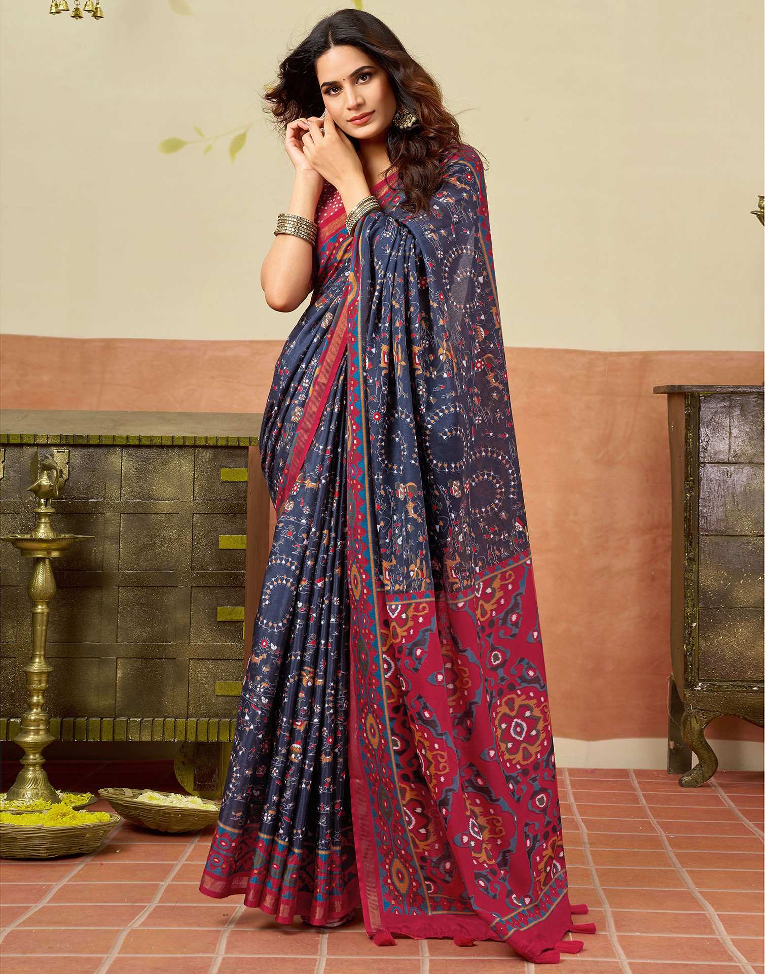 Navy Blue Silk Warli Printed Saree