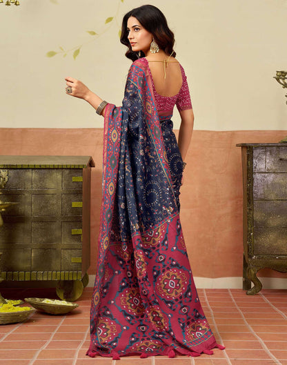Navy Blue Silk Warli Printed Saree
