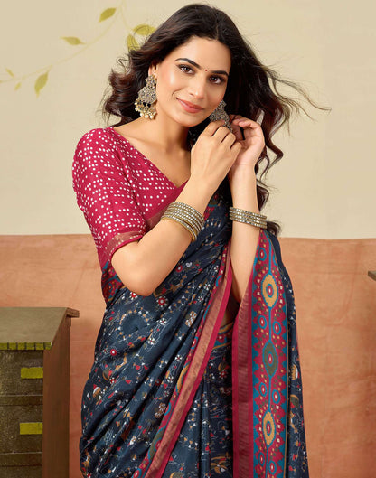 Navy Blue Silk Warli Printed Saree