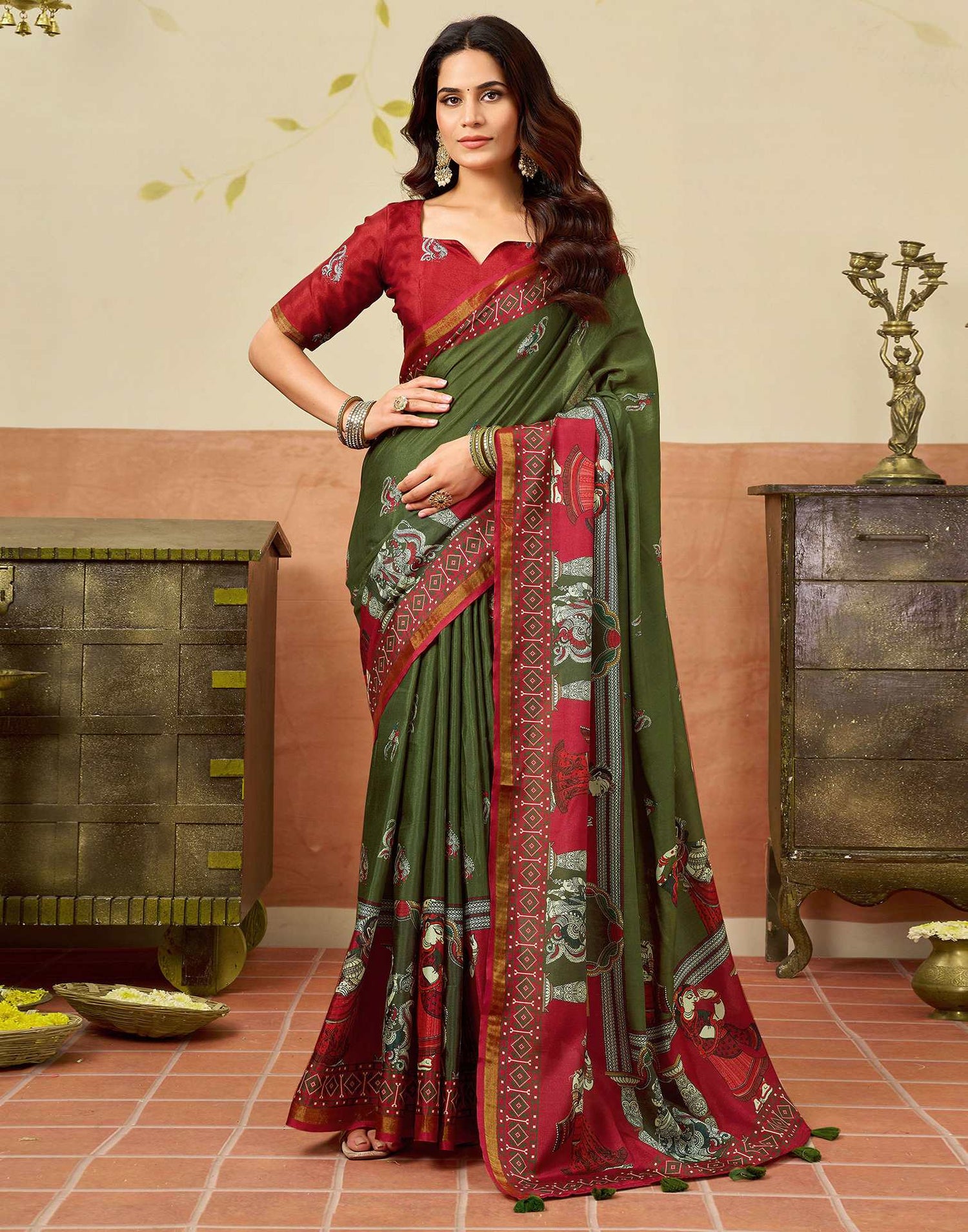 Mehendi Green Silk Printed Saree