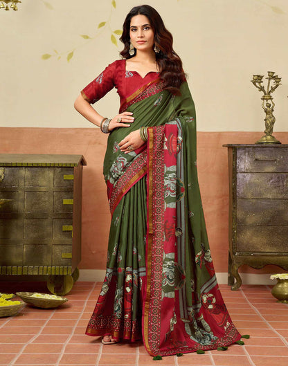 Mehendi Green Silk Printed Saree