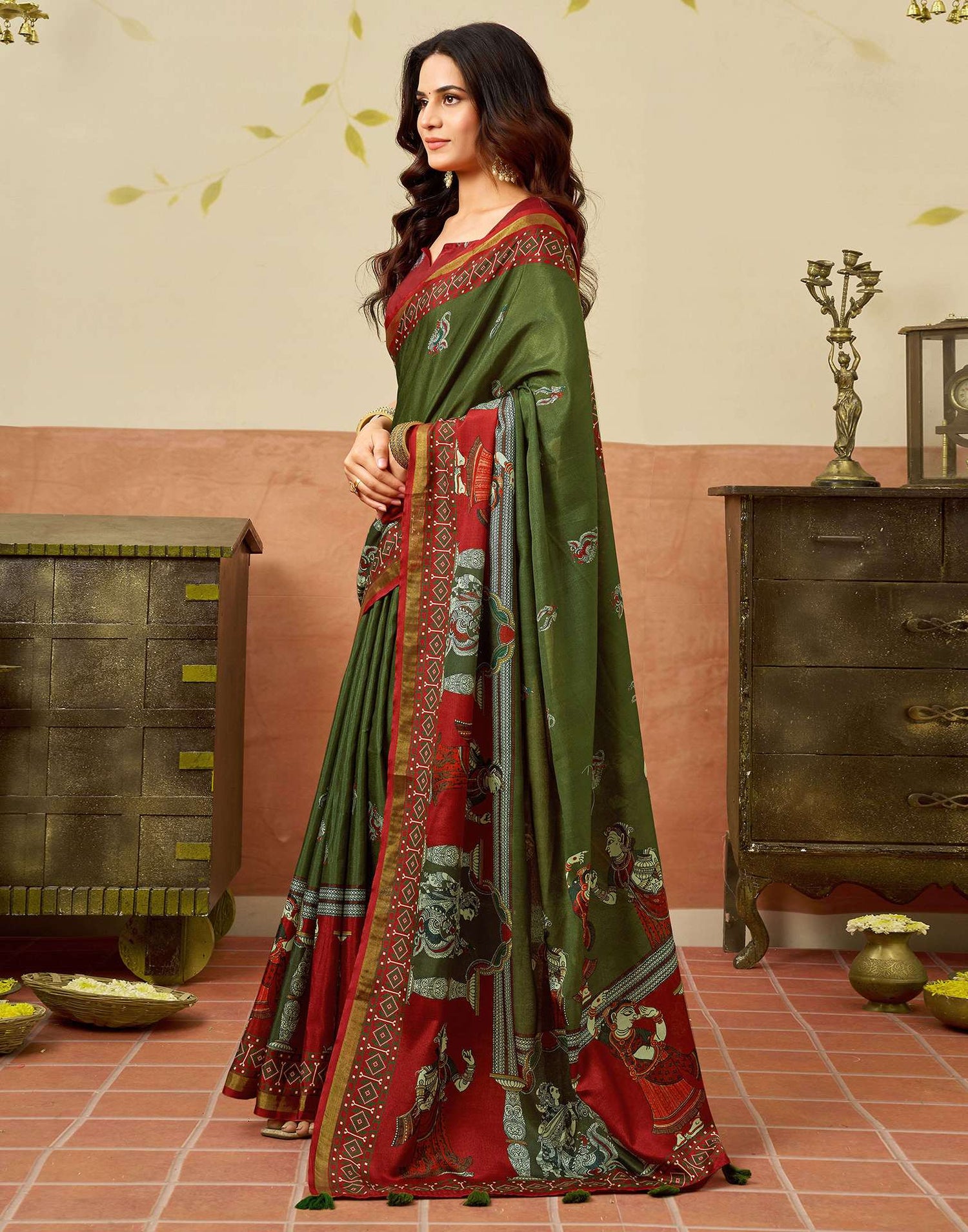 Mehendi Green Silk Printed Saree