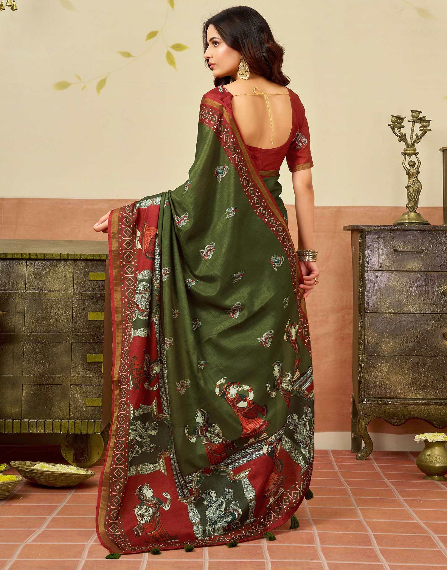 Mehendi Green Silk Printed Saree
