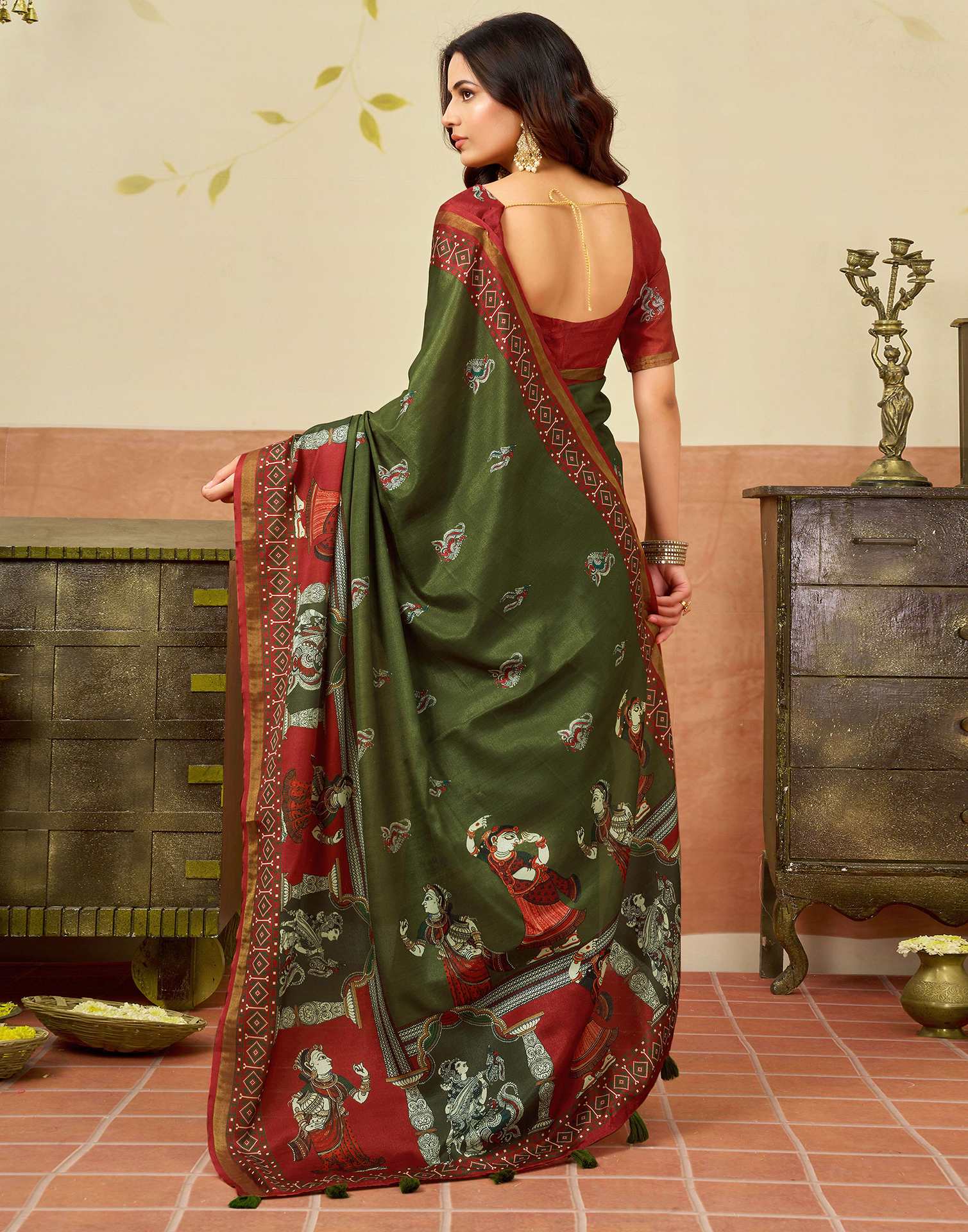 Mehendi Green Silk Printed Saree