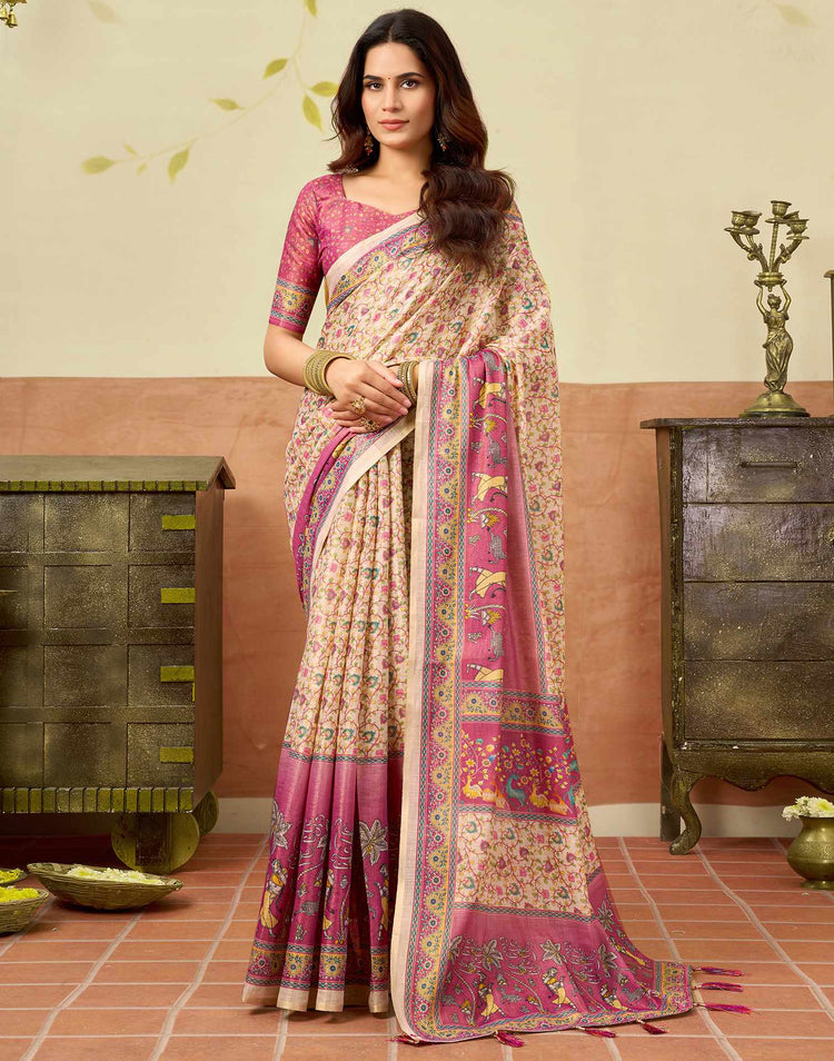 Beige Silk Printed Saree