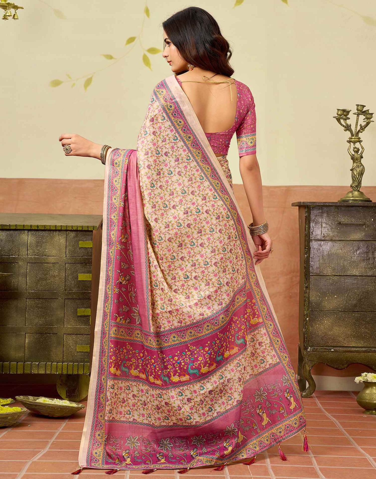 Beige Silk Printed Saree