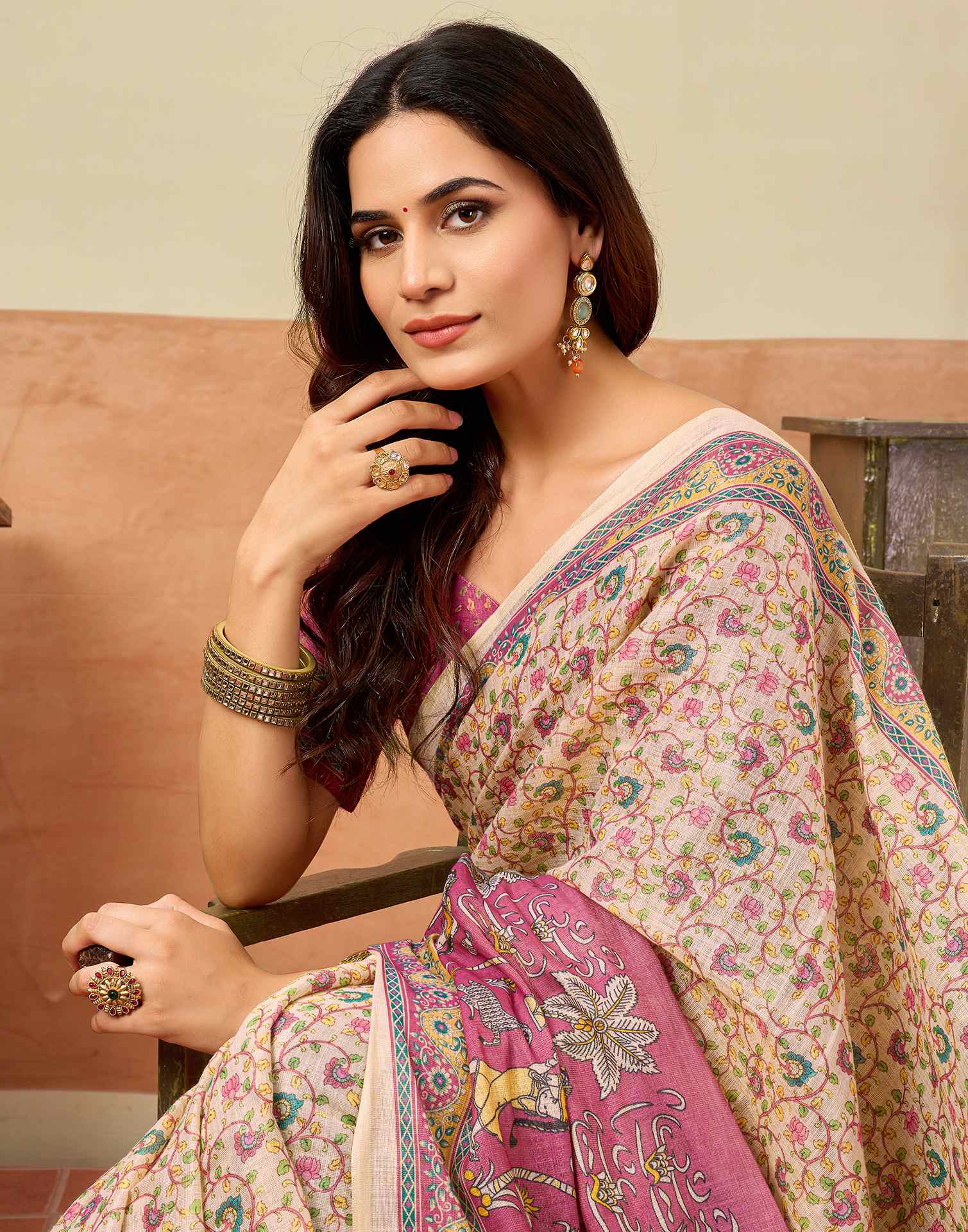 Beige Silk Printed Saree