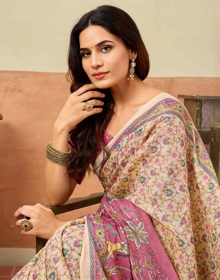 Beige Silk Printed Saree