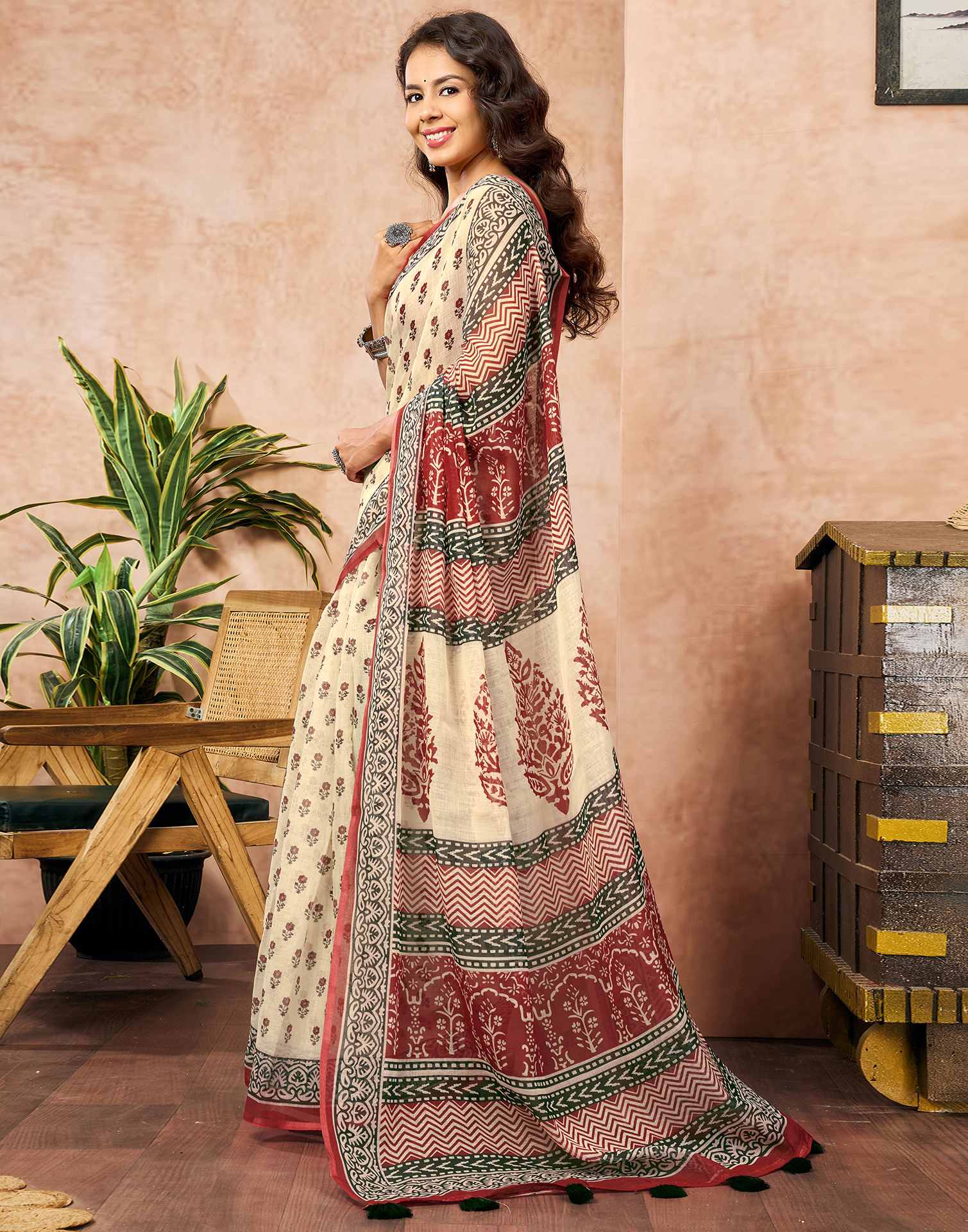 Beige Linen Floral Printed Saree