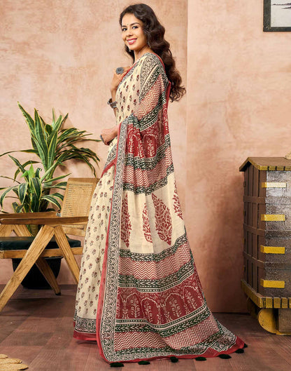 Beige Linen Floral Printed Saree