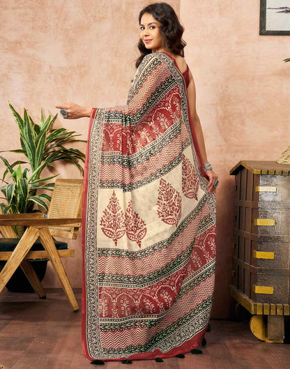 Beige Linen Floral Printed Saree