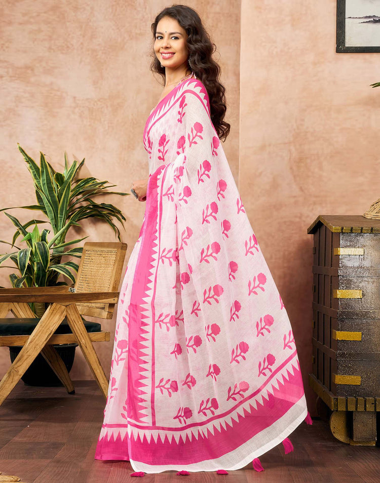 White Linen Floral Printed Saree