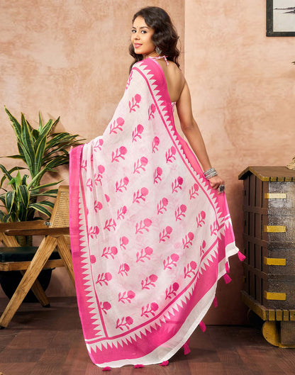 White Linen Floral Printed Saree