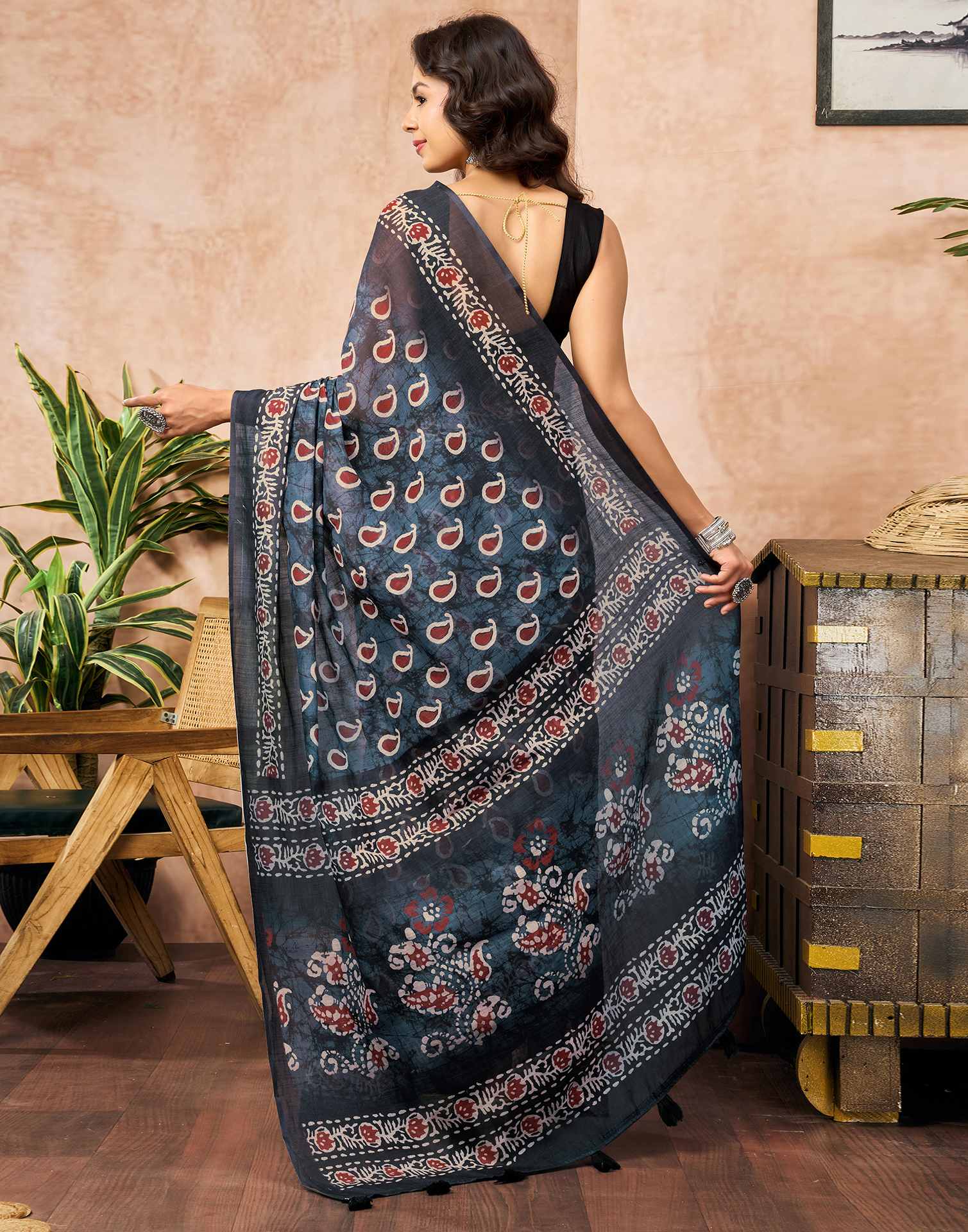 Dusty Blue Linen Printed Kalamkari Saree