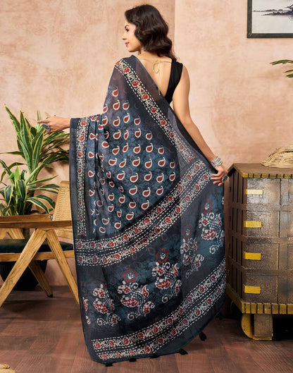 Dusty Blue Linen Printed Kalamkari Saree