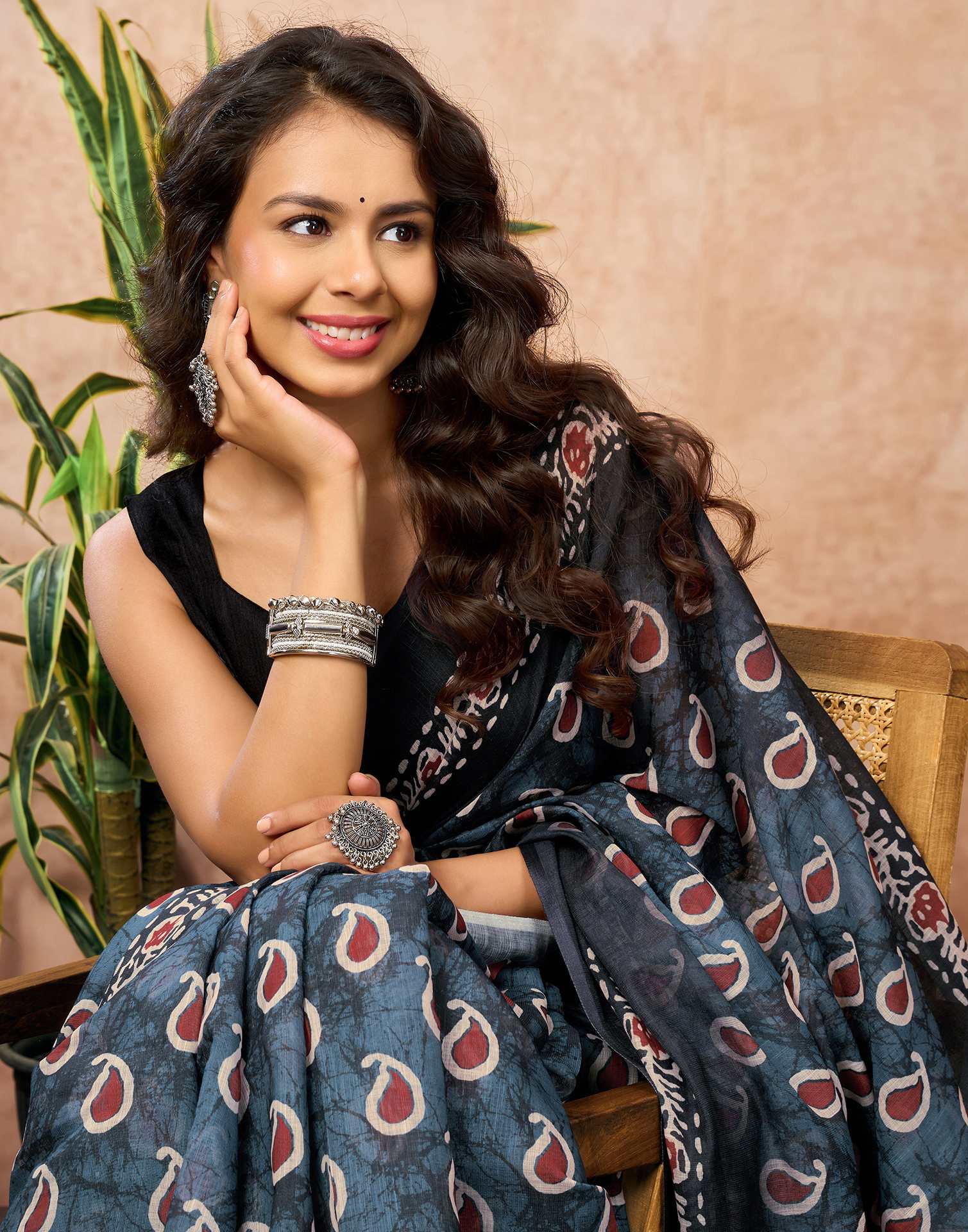 Dusty Blue Linen Printed Kalamkari Saree