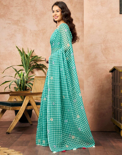 Green Linen Floral Printed Saree
