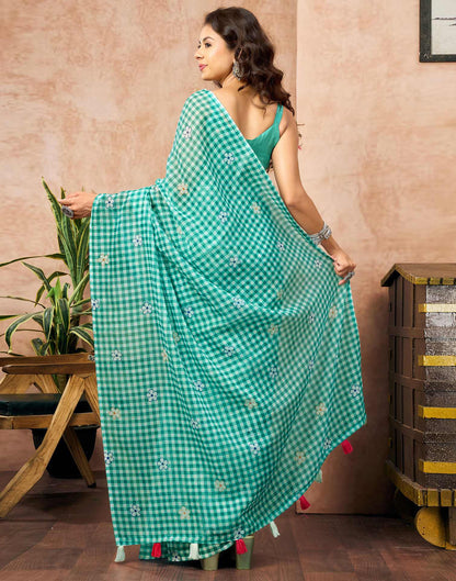 Green Linen Floral Printed Saree