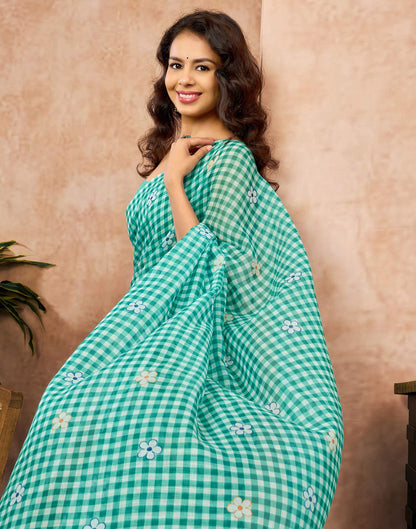Green Linen Floral Printed Saree