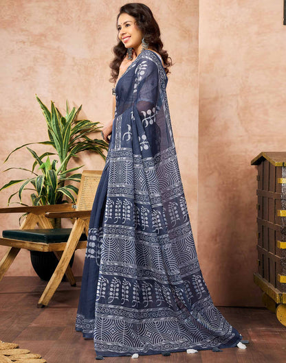 Navy Blue Linen Printed Saree