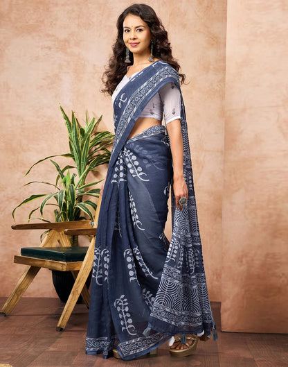 Navy Blue Linen Printed Saree