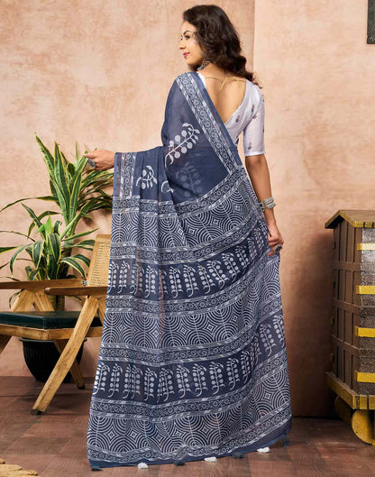 Navy Blue Linen Printed Saree