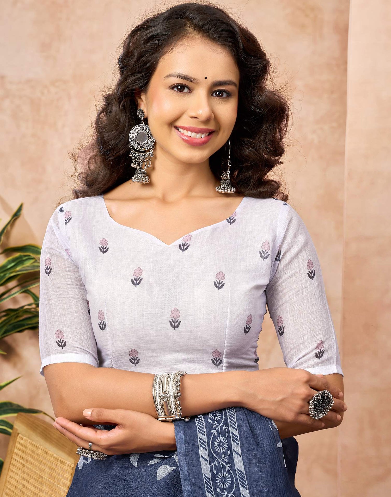 Navy Blue Linen Printed Saree