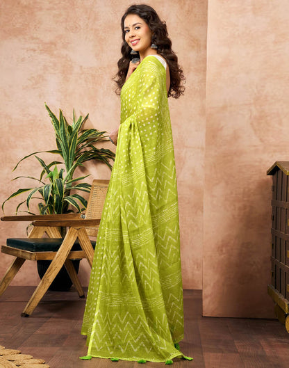 Lime Green Linen Printed Saree