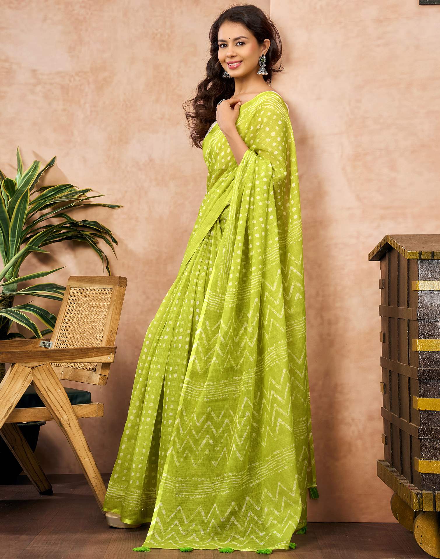 Lime Green Linen Printed Saree