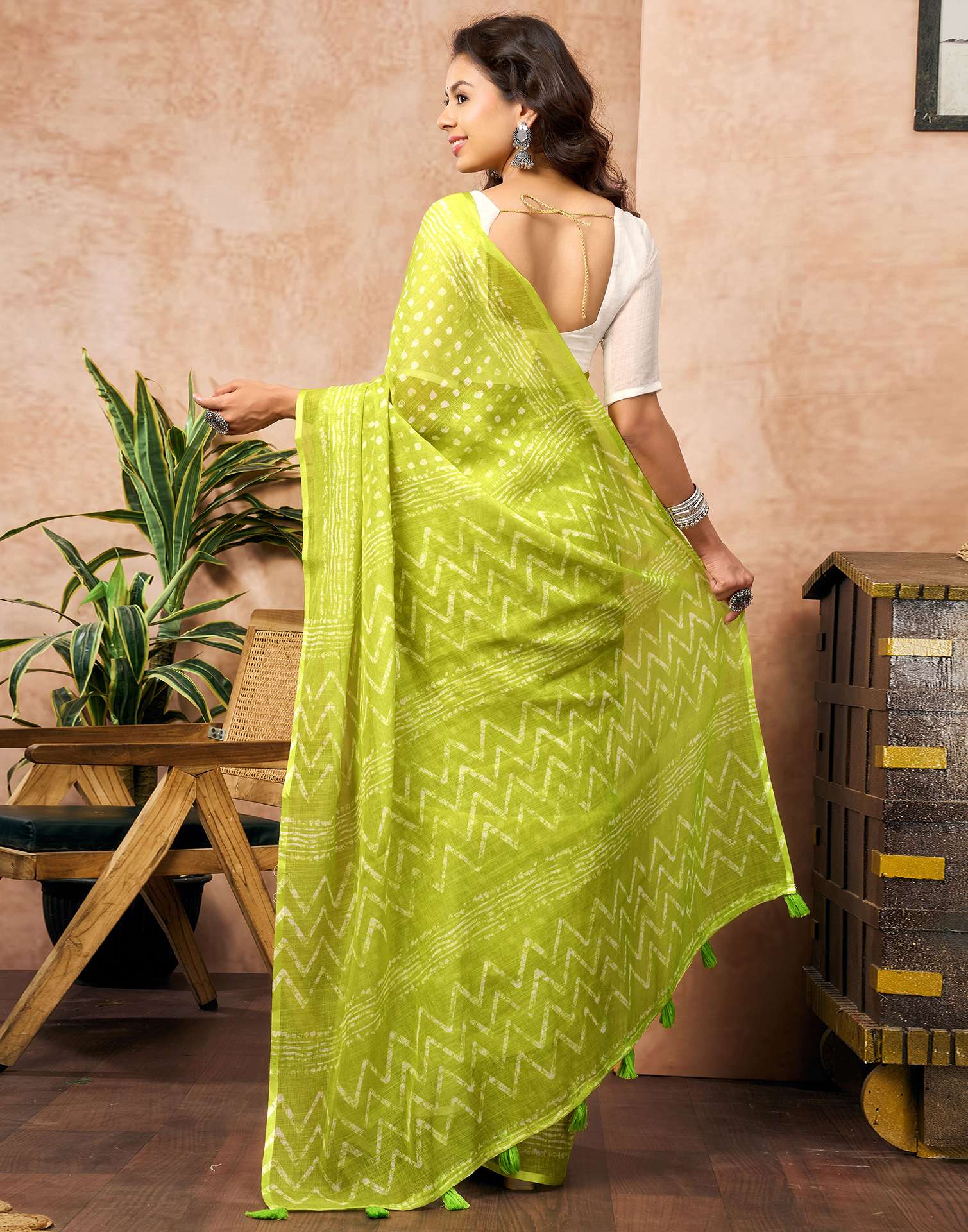 Lime Green Linen Printed Saree