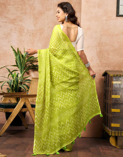 Lime Green Linen Printed Saree