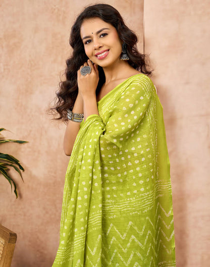 Lime Green Linen Printed Saree