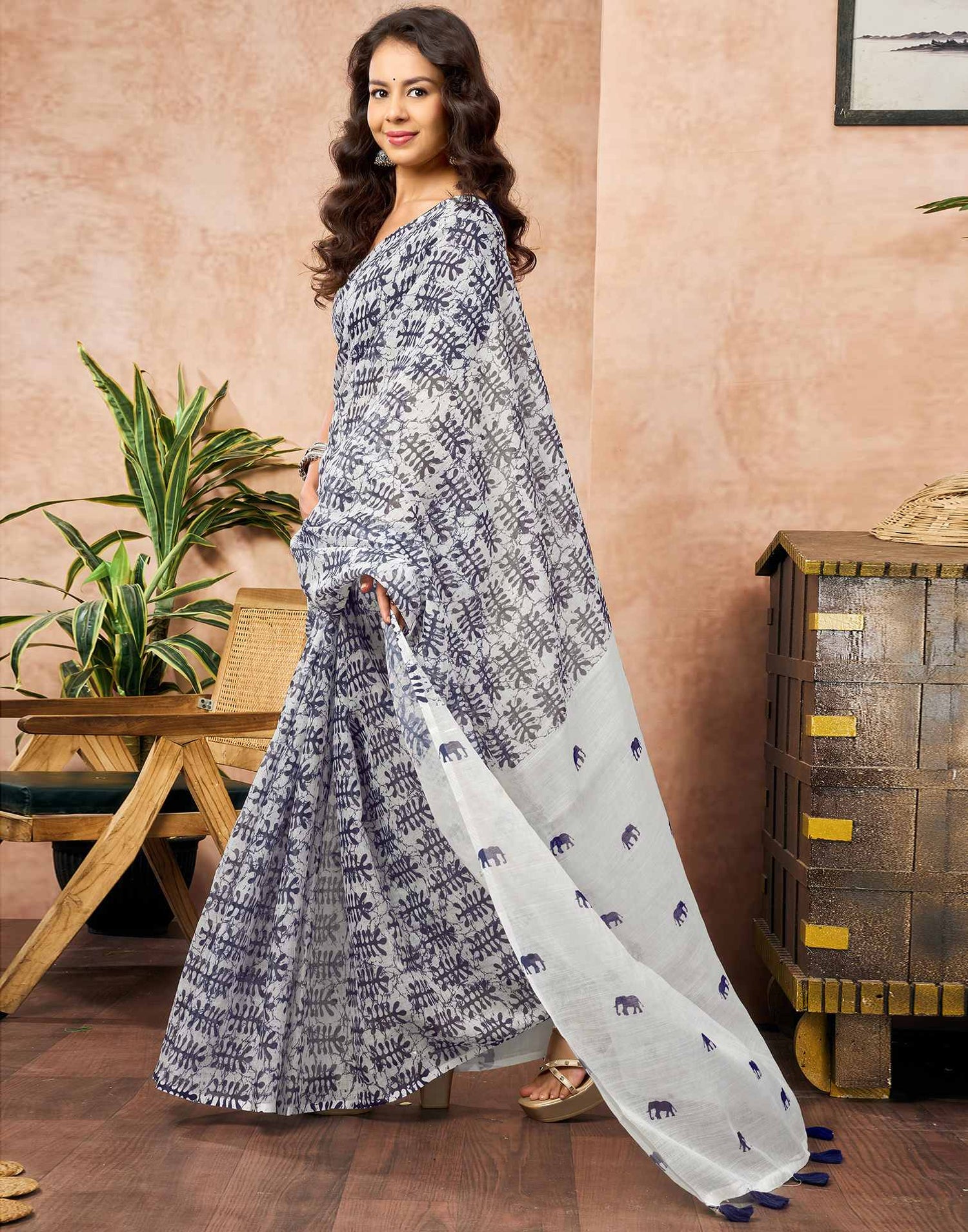 Off White Linen Printed Saree