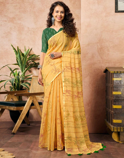 Yellow Linen Printed Saree