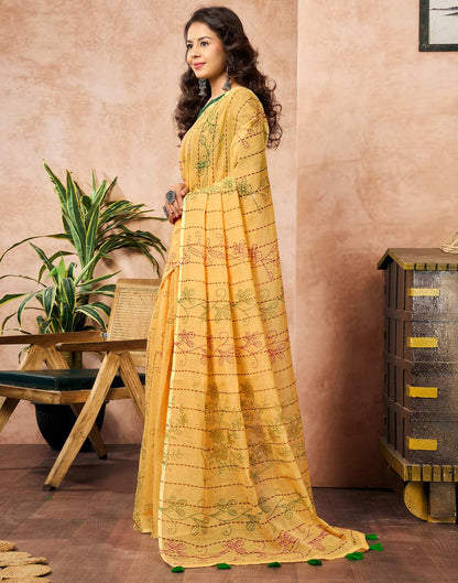 Yellow Linen Printed Saree