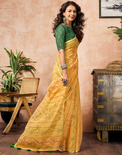 Yellow Linen Printed Saree