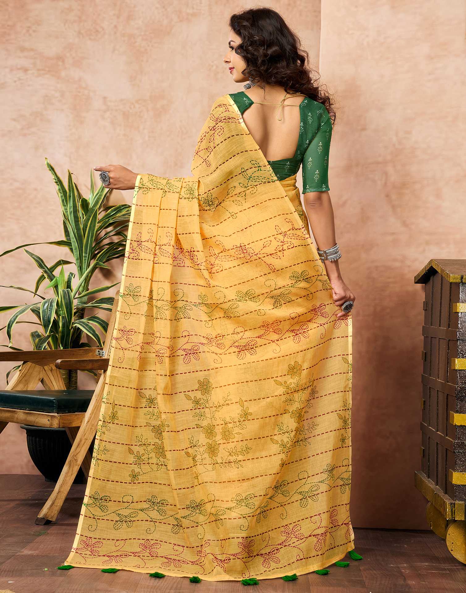 Yellow Linen Printed Saree