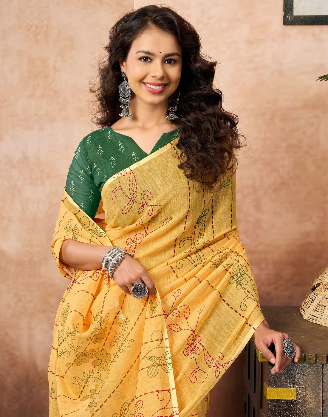 Yellow Linen Printed Saree